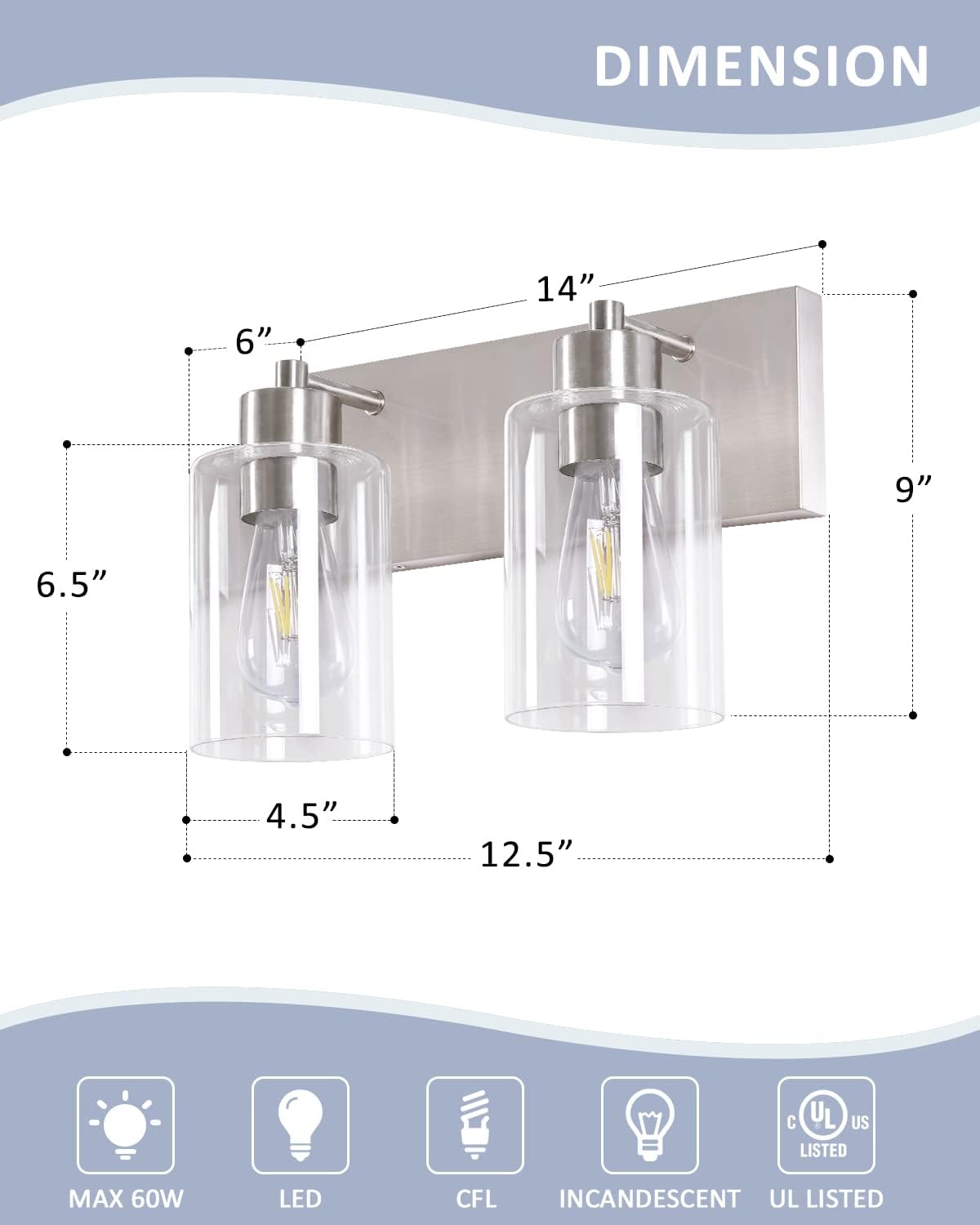 Chosenior Bathroom Light Fixtures, 2-Light Brushed Nickel Bathroom Vanity Light, Modern Wall Sconces With Clear Glass Shade For