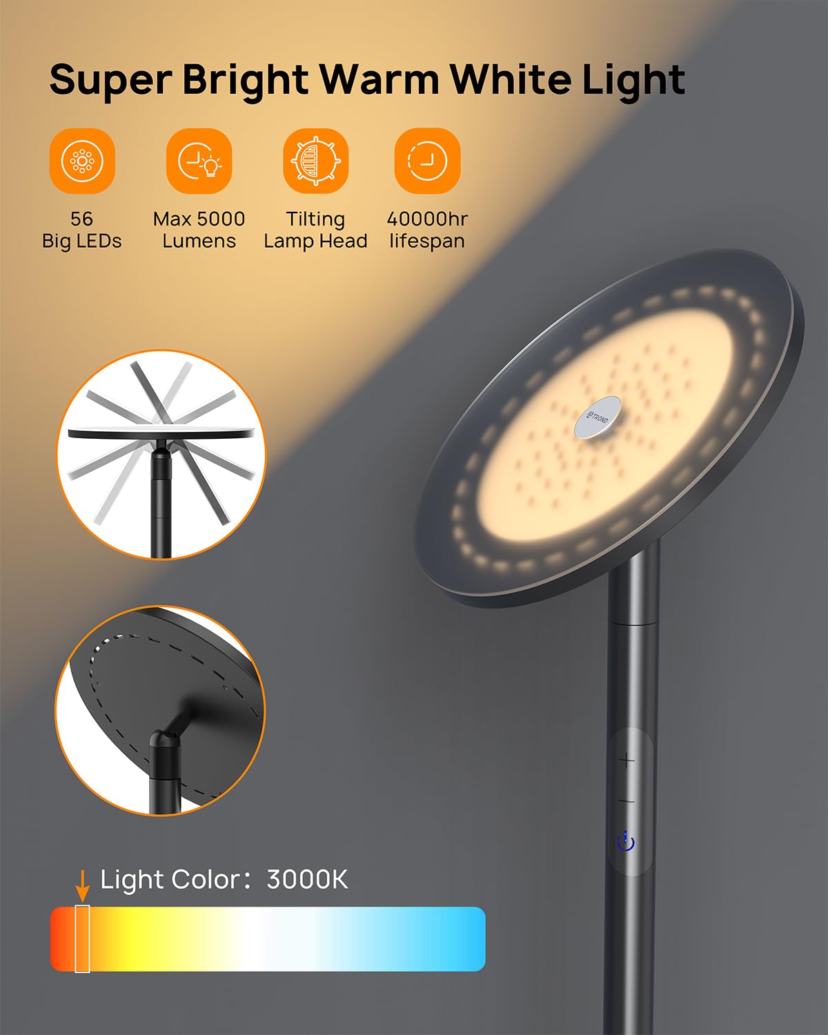 TROND Floor Lamp - 5000LM Modern Torchiere, 71" Tall, 3000K Warm White, Dimmable, Aluminum, Black