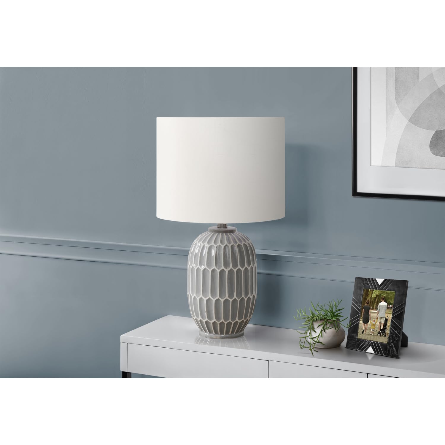 Monarch Specialties Table Lamp, 22inH, Gray Ceramic, Ivory Shade, Model I 9878, Contemporary Design