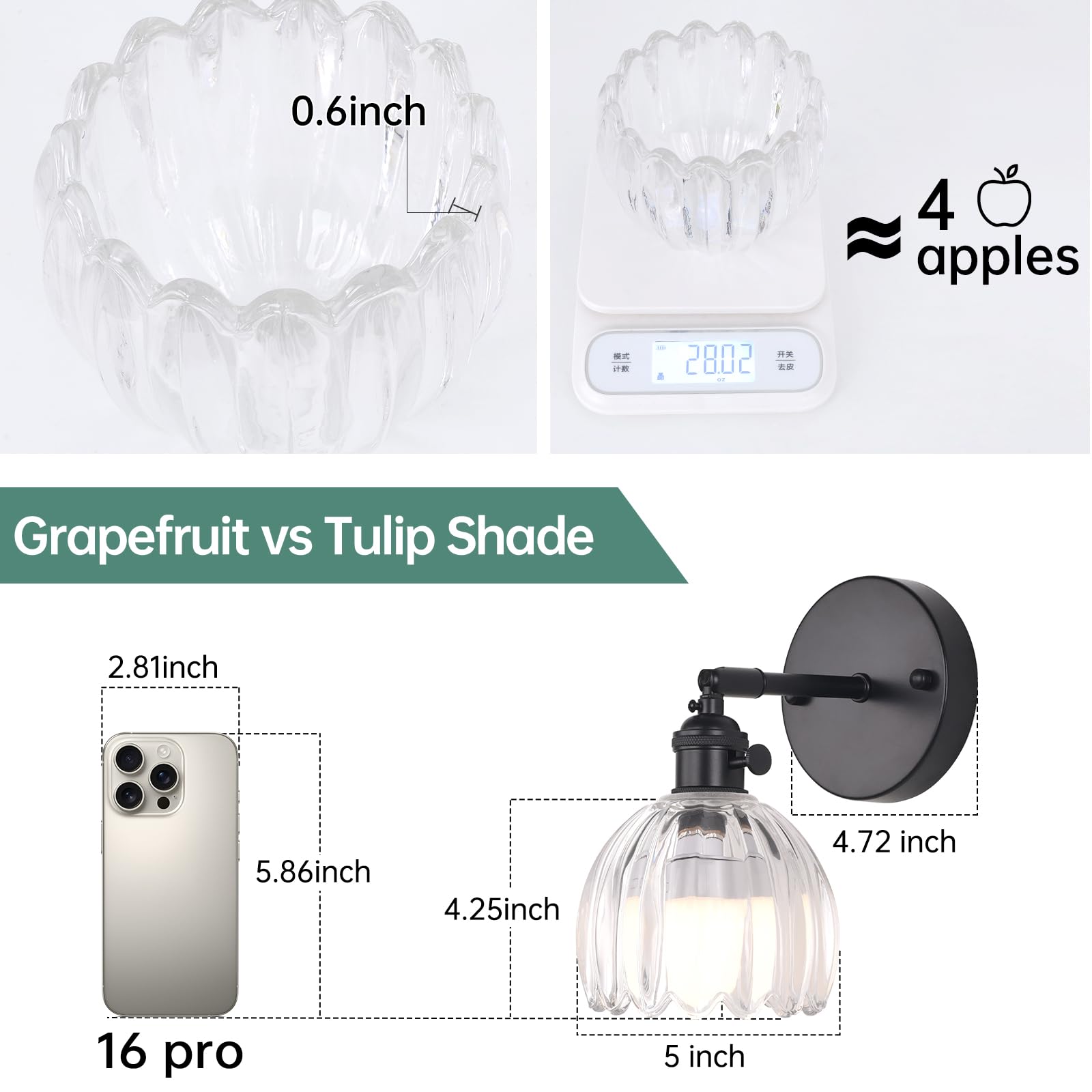 Shenmoyl Vintage Wall Sconce - Battery Operated, Glass Tulip Shade, Remote Control, Black Base, Model 1-93315, 1 Pack