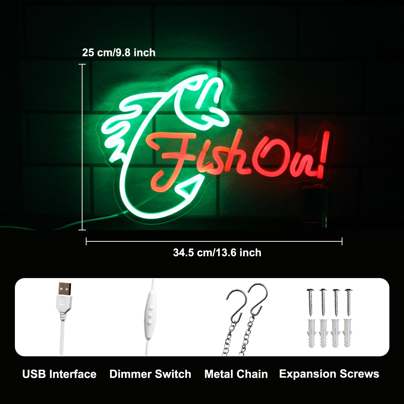 Kullneon LED Neon Sign - Fish On Dimmable Wall Light, Green Red Acrylic, Model YL-Fish On, Ideal for Bedroom, Living Room, Man Cave Decor