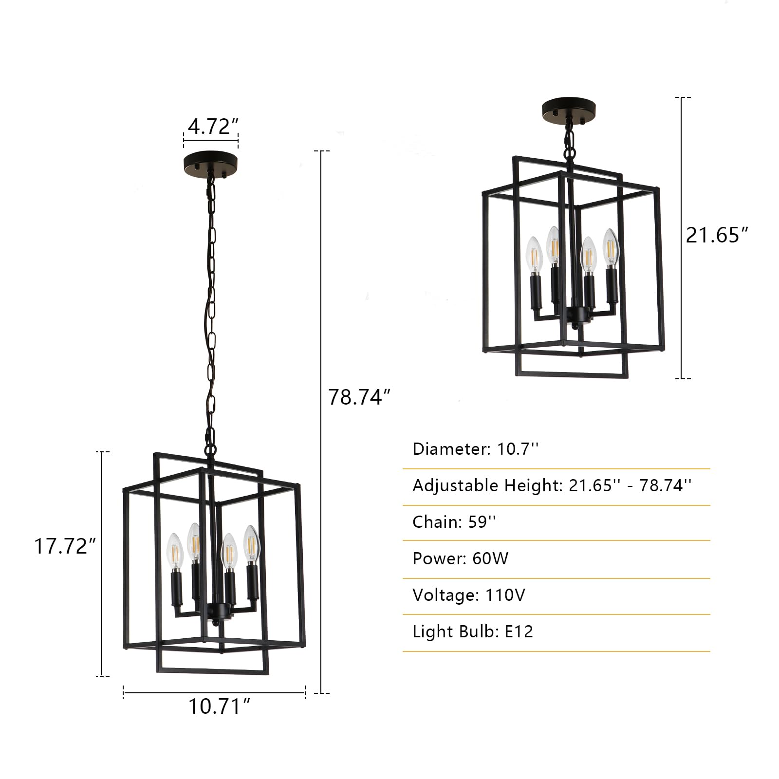 Kmaipem Vintage Black Chandelier, 4-Light Farmhouse Chandeliers For Dining Room, Modern Metal Geometric Lantern Hanging Pendant