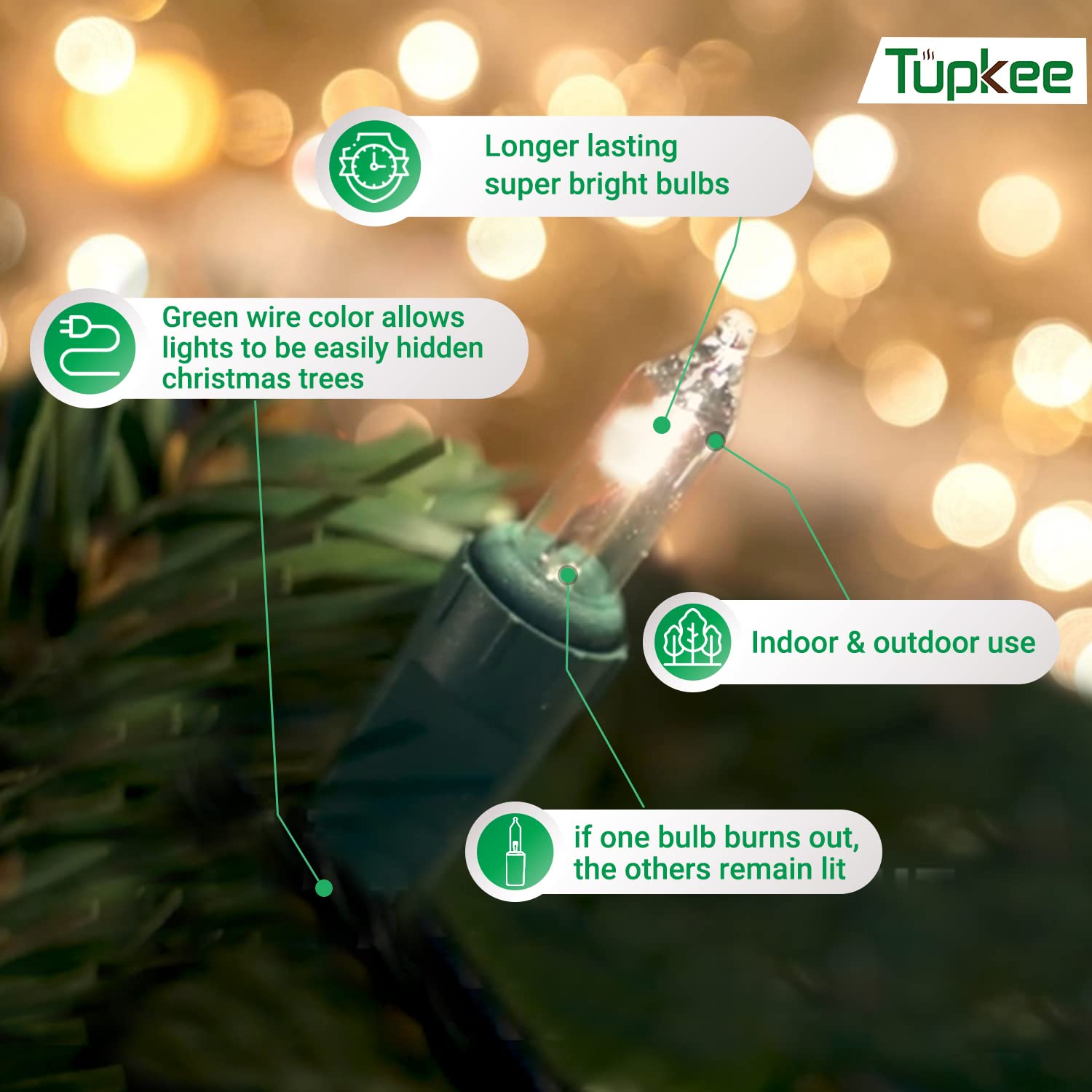 Tupkee Twinkle Flame Tip Light Set - 50 Clear Mini Bulbs, 15.5 ft String, Indoor/Outdoor Christmas Lights