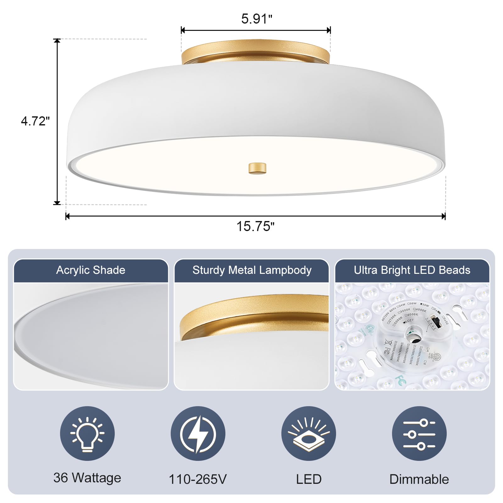 Dimmable Modern Led Ceiling Light,Mid-Century White And Gold Semi Flush Mount Ceiling Light , With Acrylic Shade, 5Cct 2700K-600