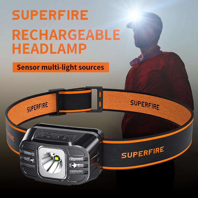 SuperFire LED Headlamp Rechargeable, 7 Light Modes, Mini, IP44 Waterproof, Red Light, Model HL75-X, 2 Packs