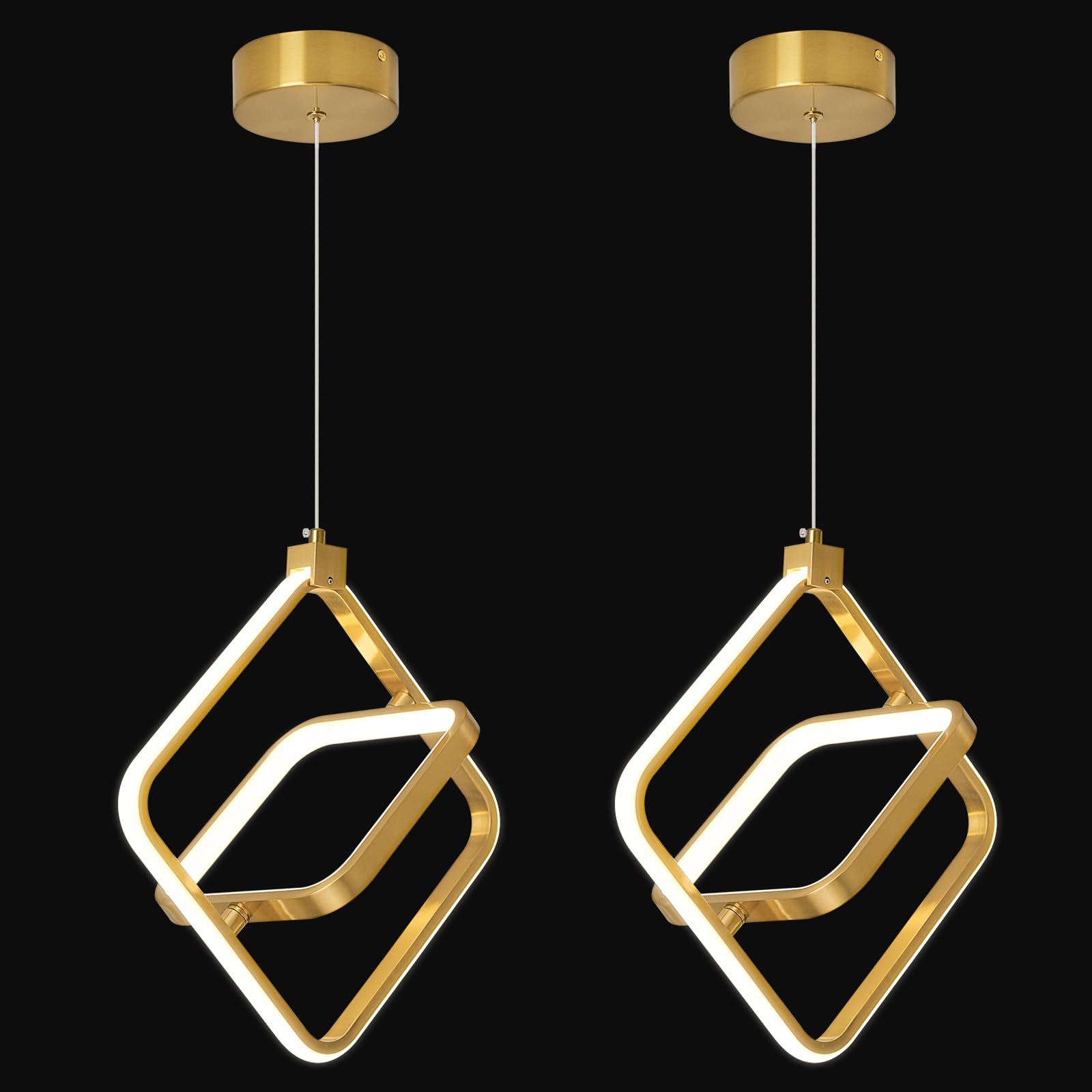 Bnhhlz Modern Led Chandelier Gold Rectangular Pendant Light Fixtures 4000K 20W Dimmable Height Adjustable Pendant Lighting For Dining Room Kitchen Island Bedroom Living Room Foyer(2-Pack)