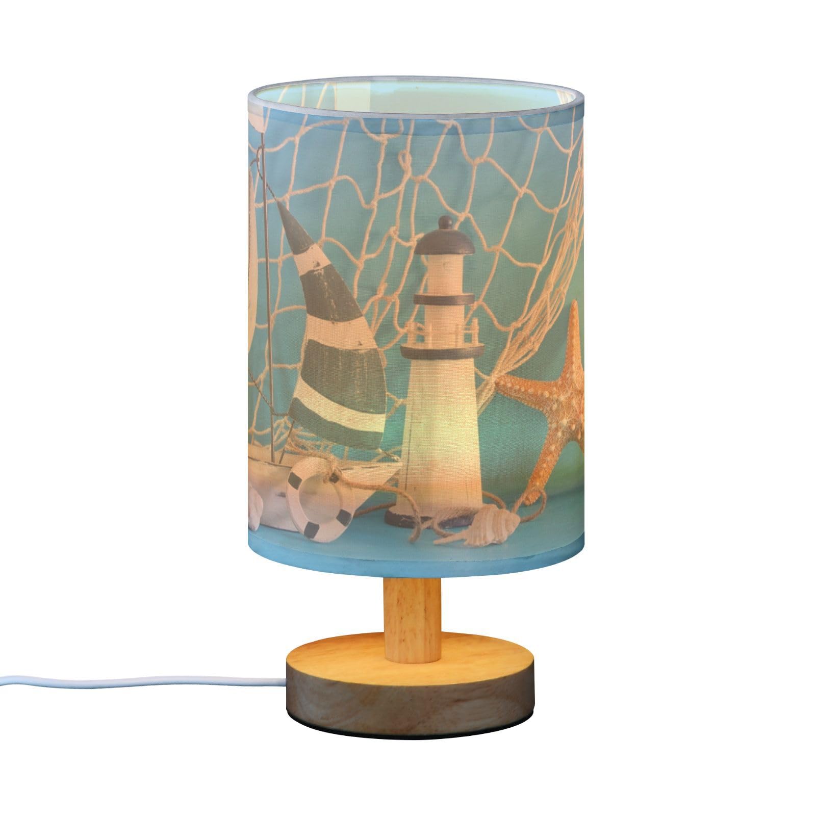 Yyzzh Table Lamp Nautical Sailboat Lighthouse Starfish Seashell Fishnet Blue Wood Nightstand Lamp With Wood Base Fabric Lamp Sha