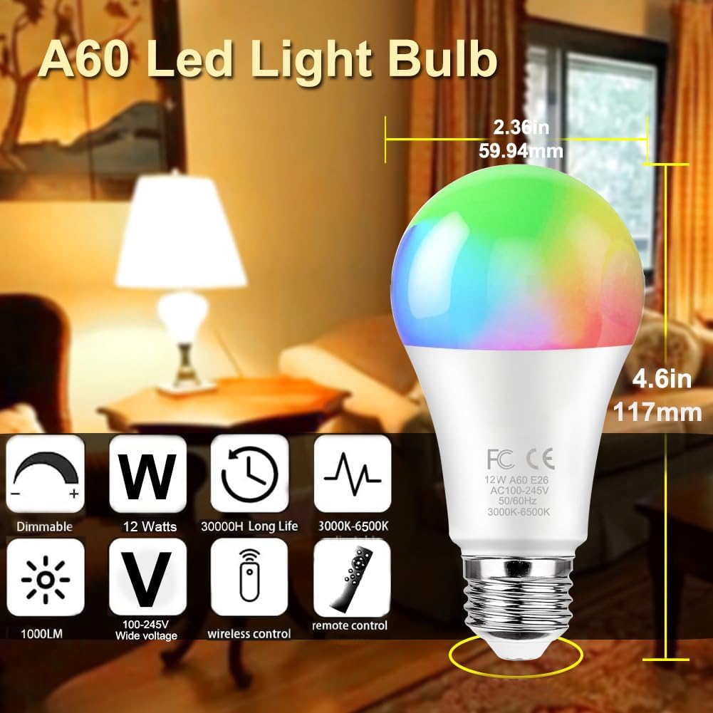 GRV Smart LED Light Bulb 12W RGBCW Color Changing 3000-6500K E26 Base 2 Bulbs + 1 Remote