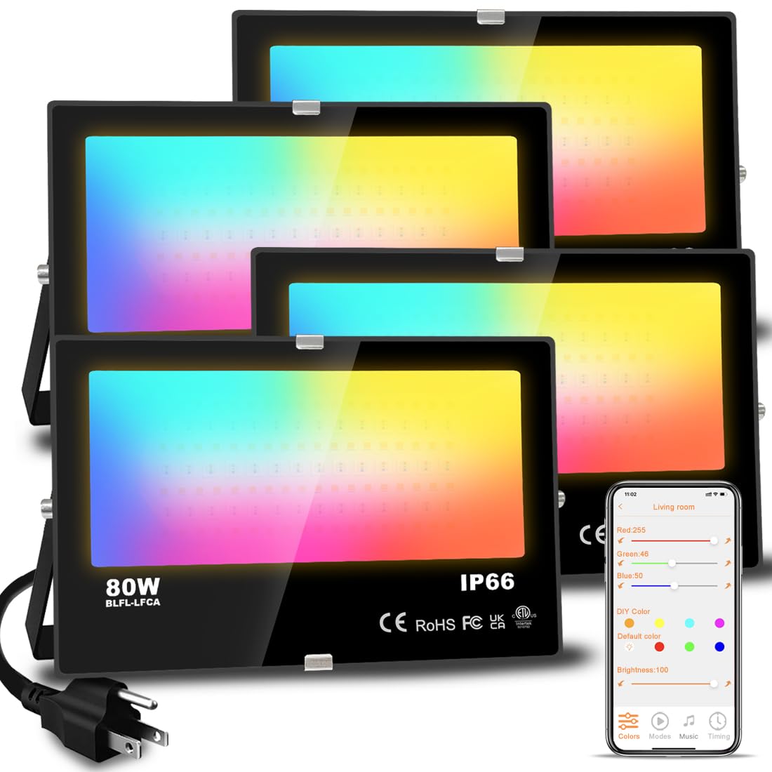 MELPO LED Flood Light RGB 800W Equivalent 8000LM 4 Pack IP66 Aluminum 5700K Daylight White Color Changing Uplight