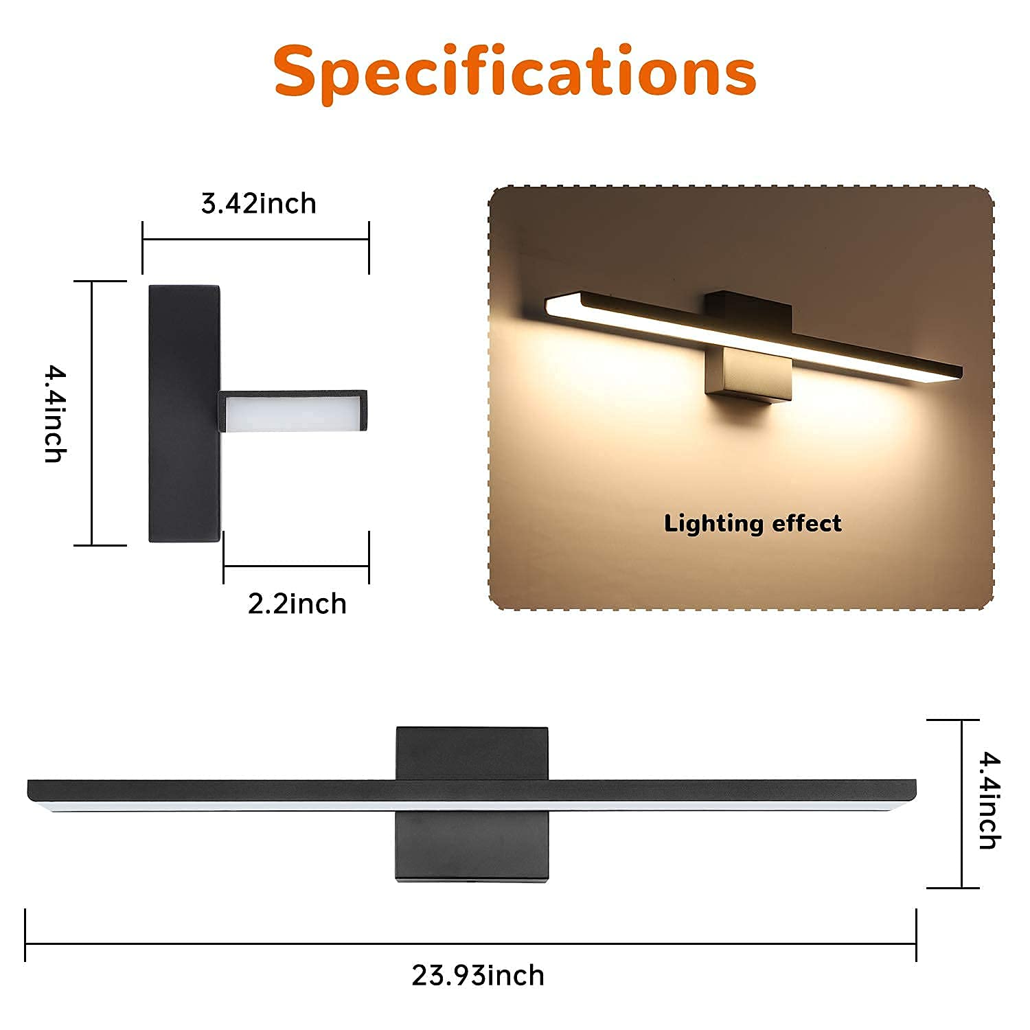 Jusheng 24" Dimmable Bathroom Vanity Light - Black Aluminum & Stainless Steel, 3000K Warm White