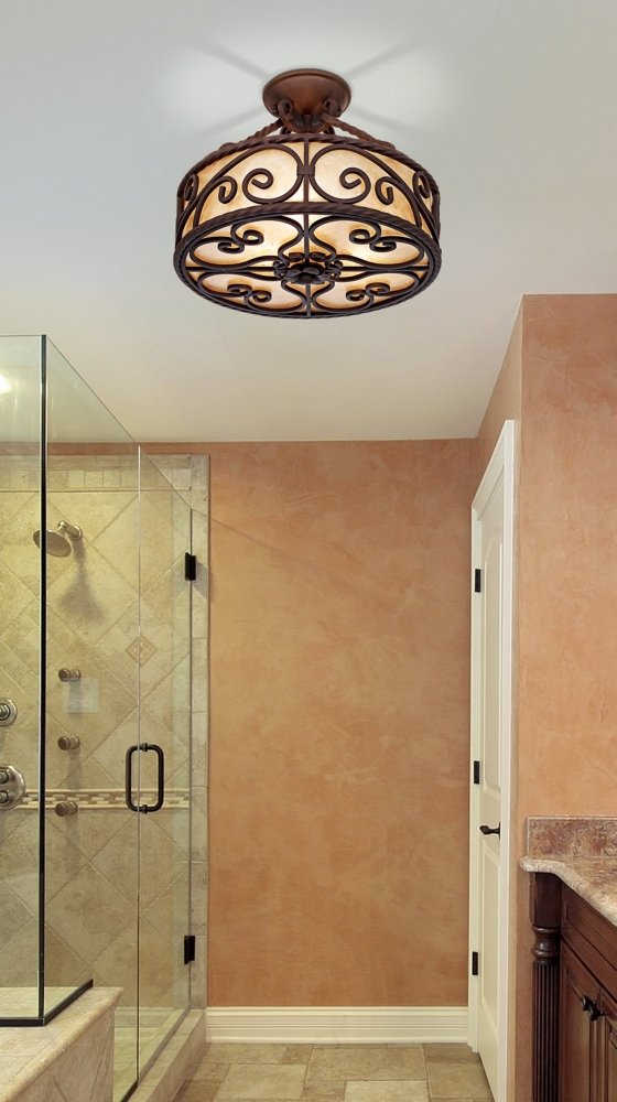 John Timberland Natural Mica Collection Rustic Ceiling Light Semi-Flush Mount Fixture Deep Walnut Scroll 15'' Wide Drum Shade Fo