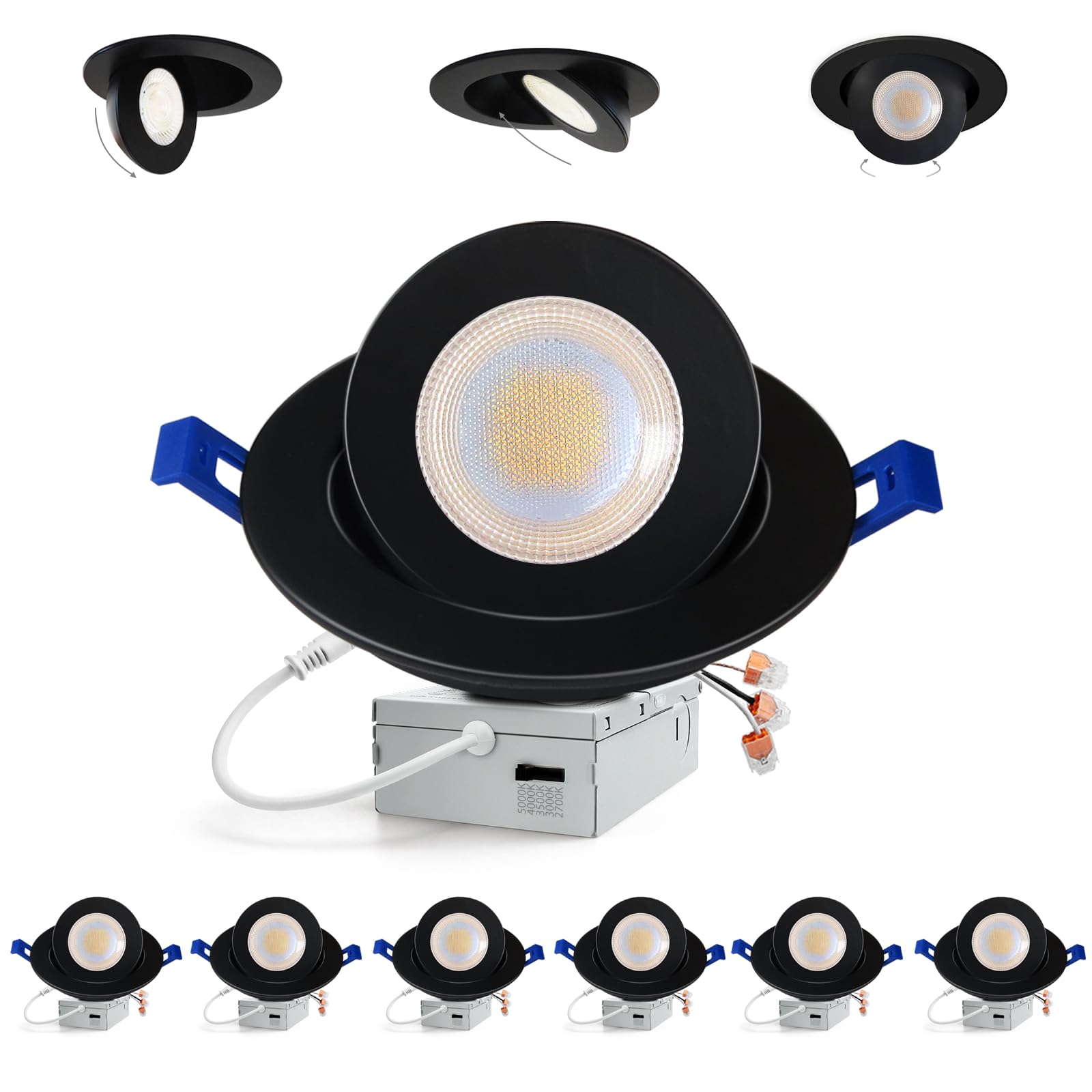 Adetu Led Recessed Lighting 6 Inch  360?90?Adjustable Directional Gimbal 6 Inch Led Recessed Light  2700K-5000K 5Cct Dimmable Retrofit Eyeball Can Recessed Lights With Jbox  Et (Black 6 Pack)