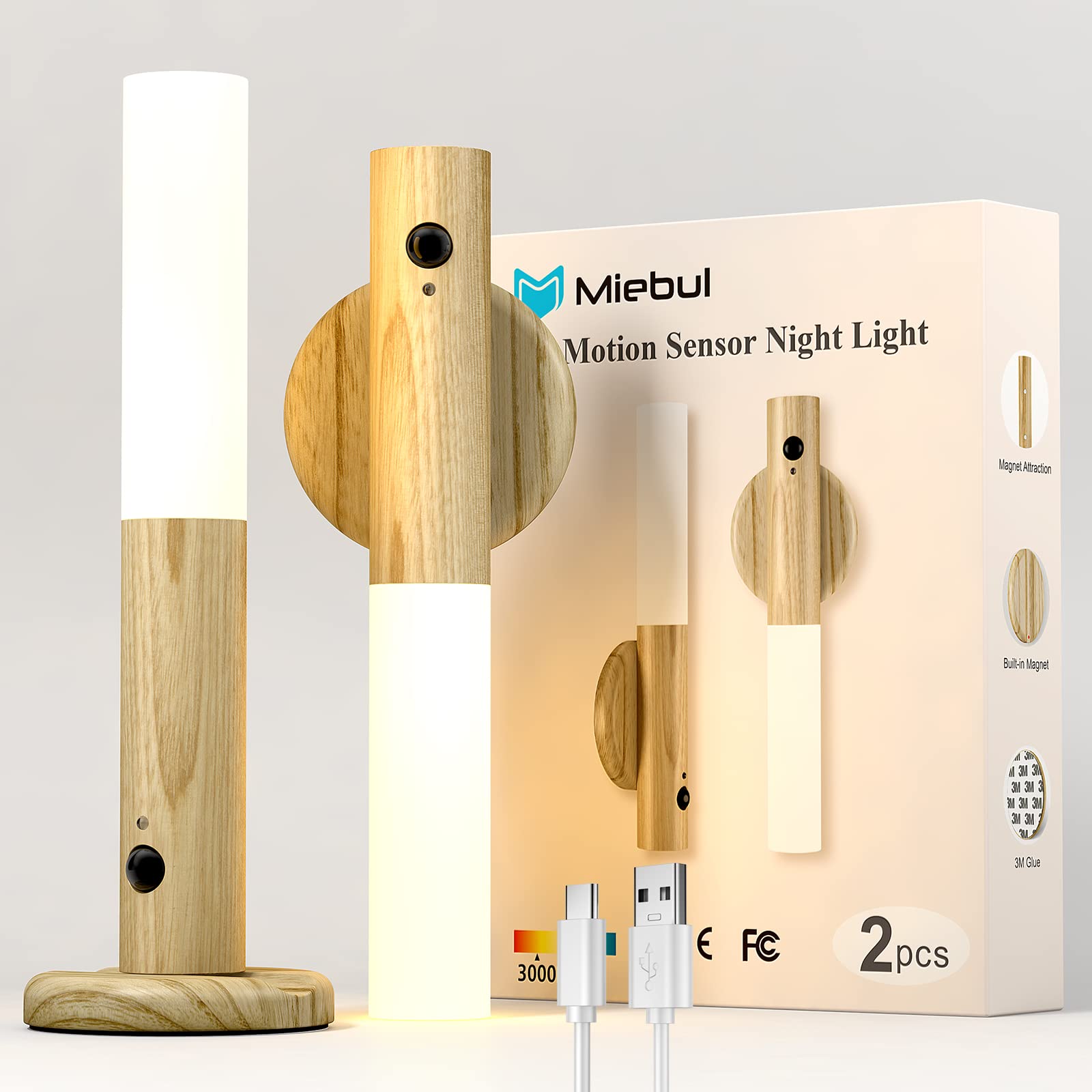 Miebul Motion Sensor Night Light, Rechargeable Body Sensor Night Light Indoor, Magnetic Wooden LED Wall Sconce for Bedroom Corri