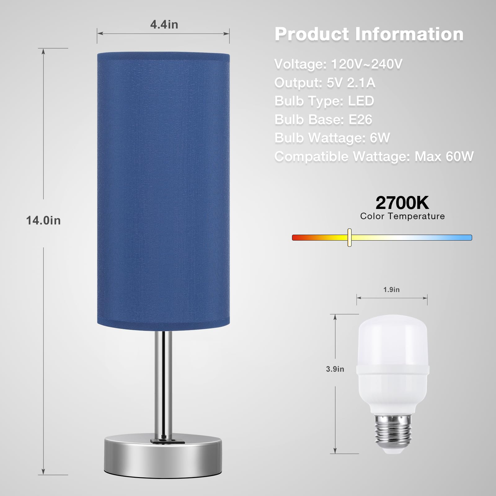Navy Blue Touch Lamp For Boys - Small Nightstand Lamp With Usb-C And Usb Charging Ports, 3 Way Dimmable Bedside Table Lamp With