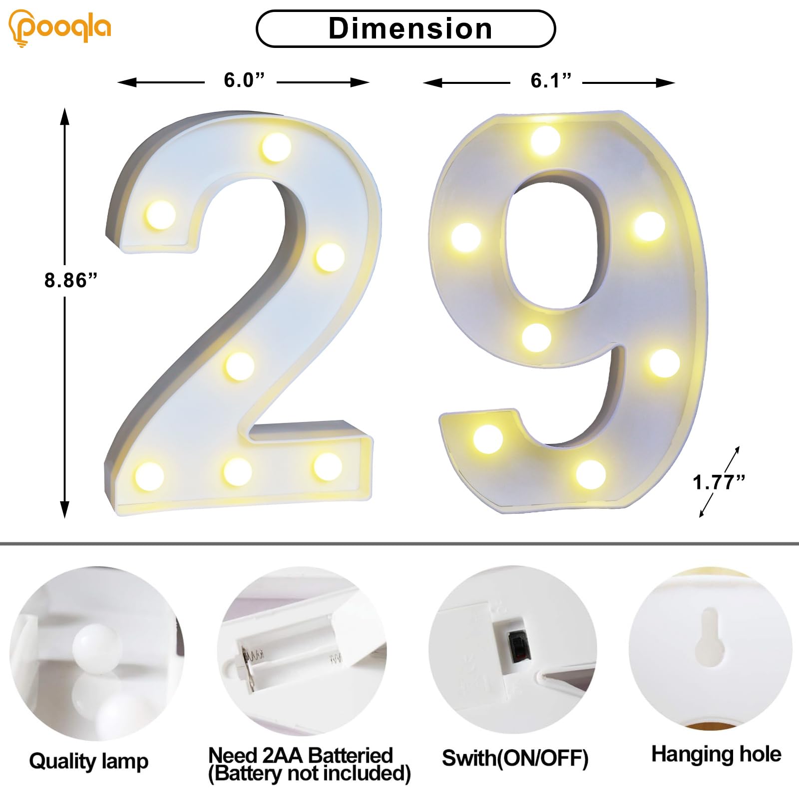 Pooqla Decorative Led Light Up Number Letters, White Plastic Marquee Number Lights Sign For 29Th Birthday Party Wedding Decor Battery Operated Number (29)
