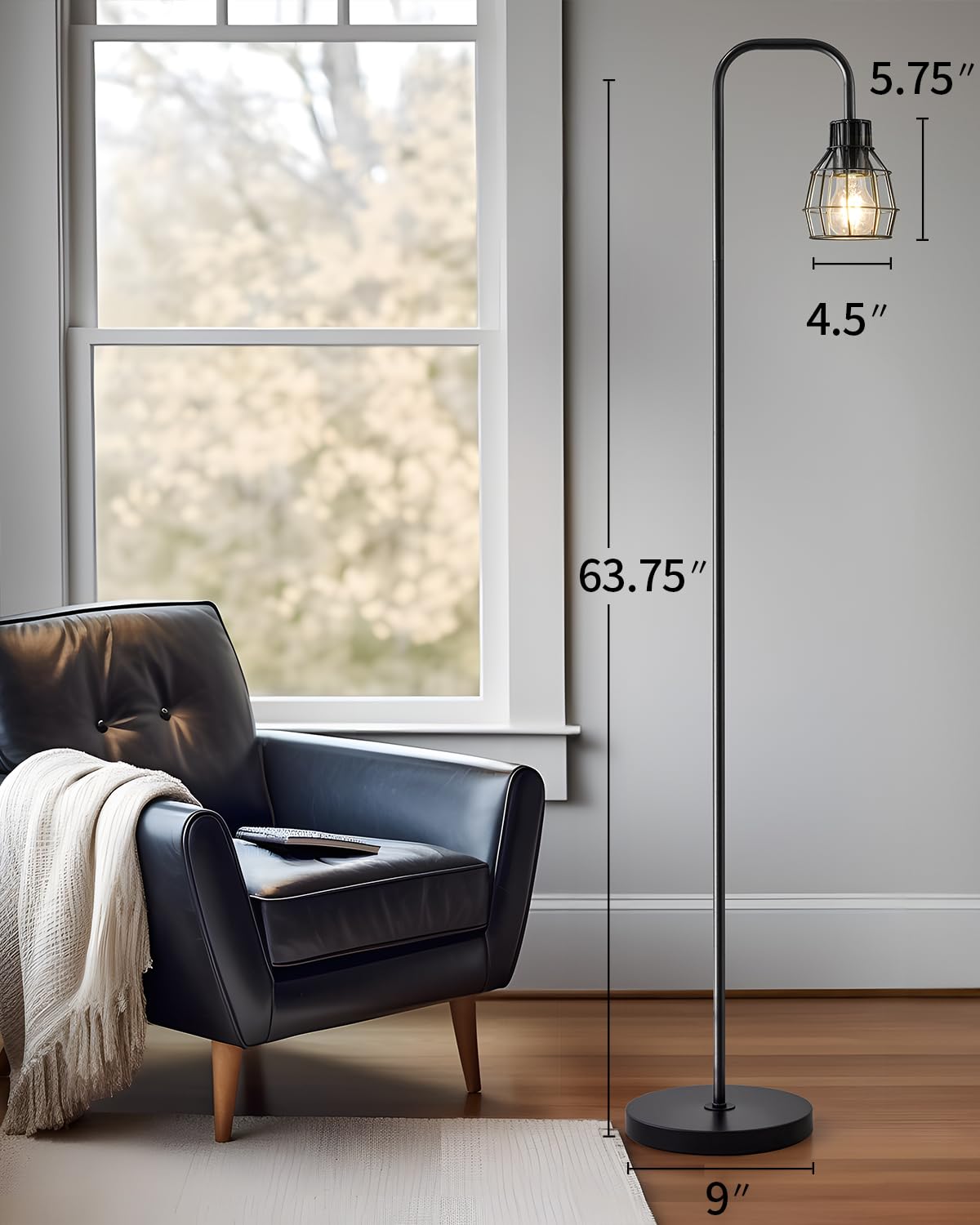 Oneach Industrial Floor Lamp with Footswitch, 63.75in Tall Metal Light, Black w/ Metal Guard, Model AMZ-F1148BK, LED Bulb Included