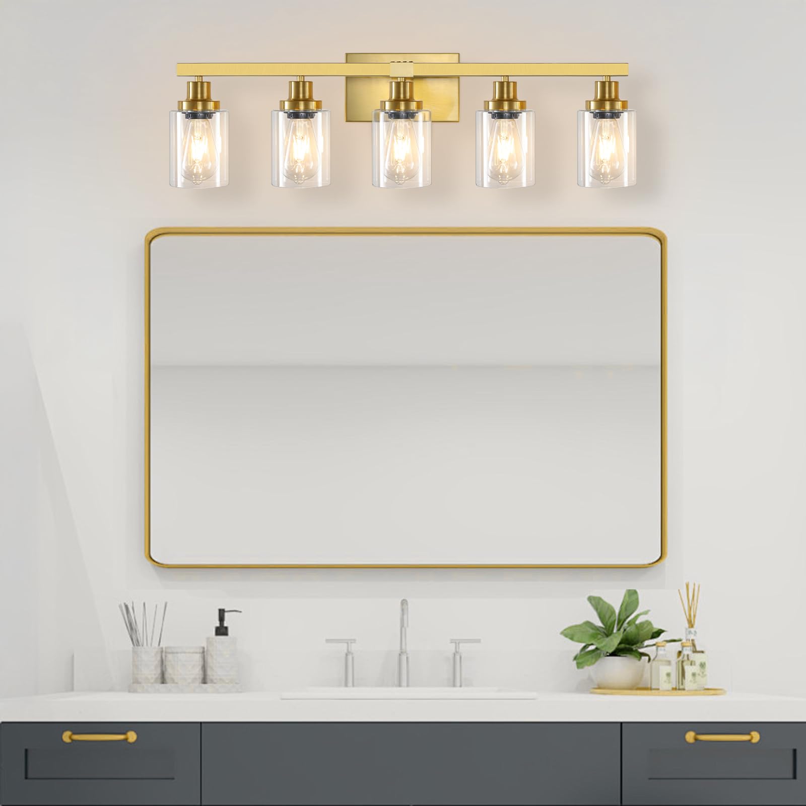 DIKAIDA 5-Light Bathroom Vanity Light, Modern Brushed Gold Metal Fixture, 31in, JS-5 Model