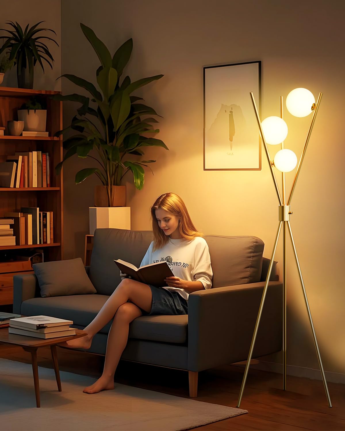 Lightdot Globe Modern Floor Lamp Stepless Dimmable Gold Tripod Standing Lamps With 3Pcs 3000K G9 Bulbs Stable Based Mid Century 