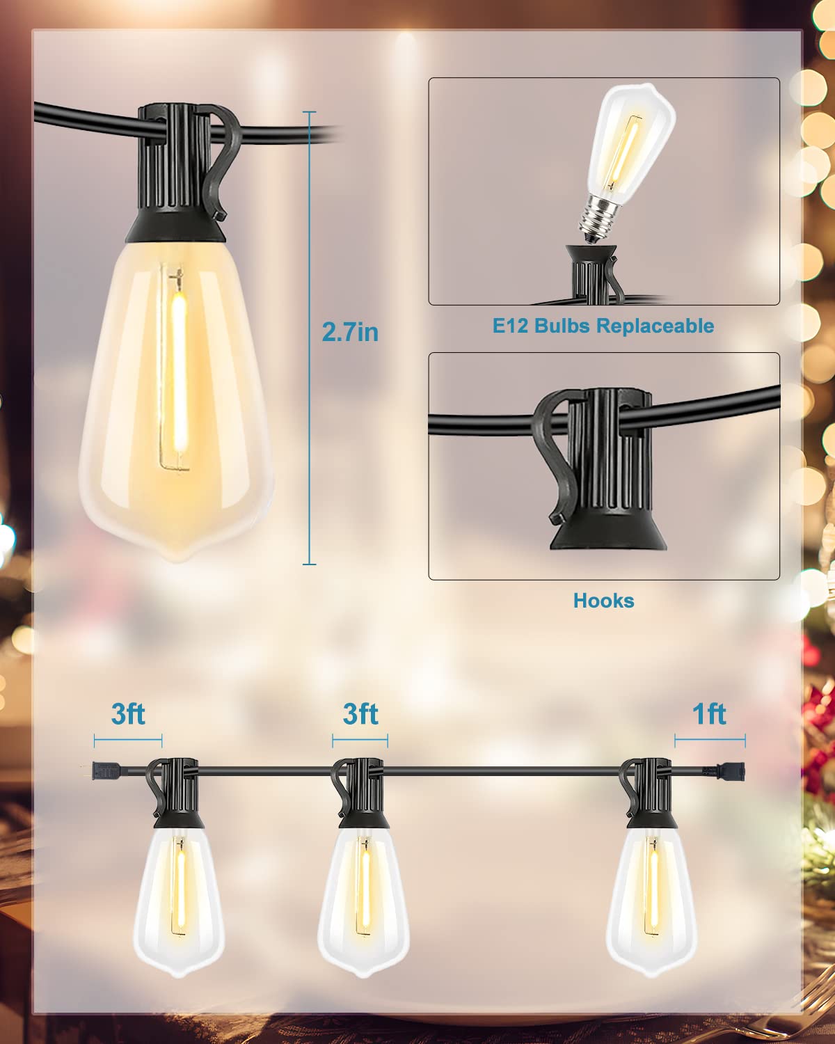 Lightdot LED Bistro String Lights, Shatterproof Vintage Bulbs, 300FT, Dimmable, Waterproof, Black, Model LST-ST38-2