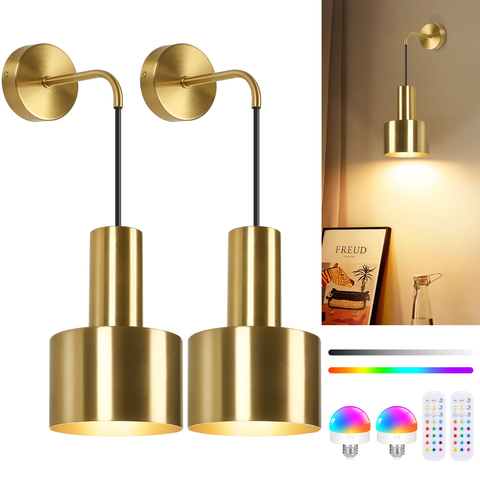 VerRon Rechargeable Battery Operated Wall Sconce Set of Two  Gold Wireless Battery Powered Lights with Dimmable Detachable Bulbs & Remote  Modern Sconces Wall Decor for Bedroom Living Room Hallway