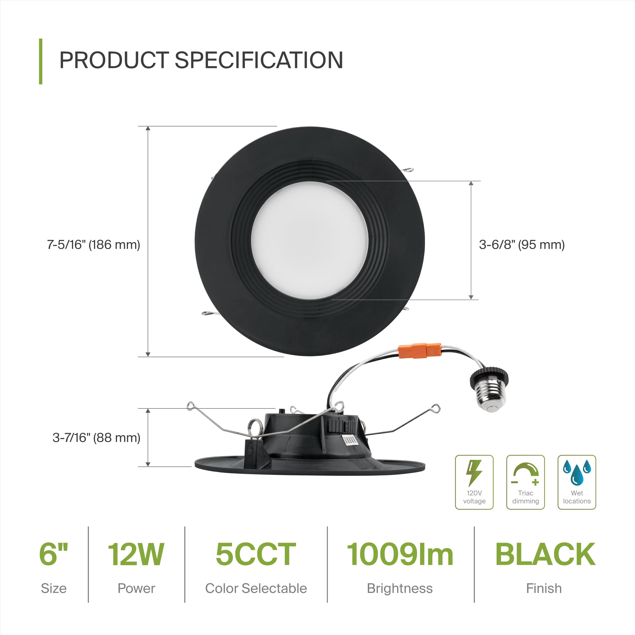 ASD 6 Inch LED Recessed Lighting, Black, 12W 1009 Lm, Dimmable, 2700K-5000K Adjustable, Model A-LRKR