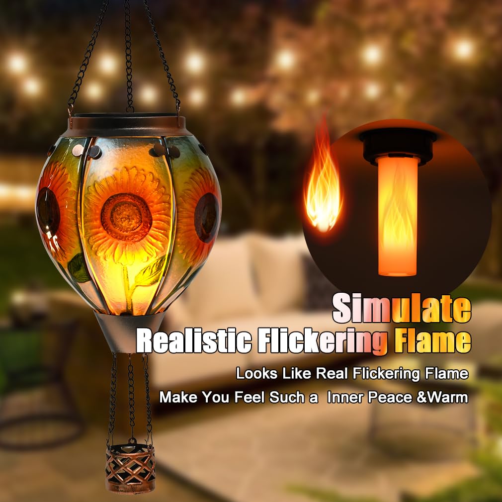 Hot Air Balloon Solar Lantern - Sunflower Glass Lantern  Simulated Flickering & Dancing Flame  Outdoor Hanging Yard Light Waterproof Ip65 For Patio Lawn Porch Decor Gift