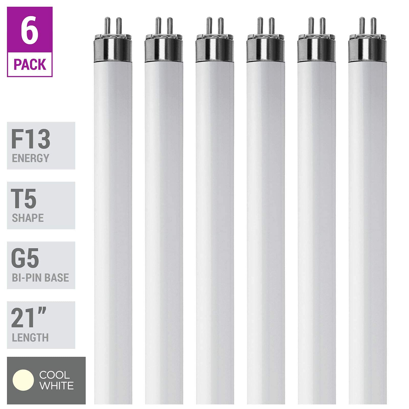 Kor (Pack Of 6) F13T5/Cw - T5 Fluorescent 4100K Cool White - 13 Watt - 21'' Super Long Life Light Bulbs