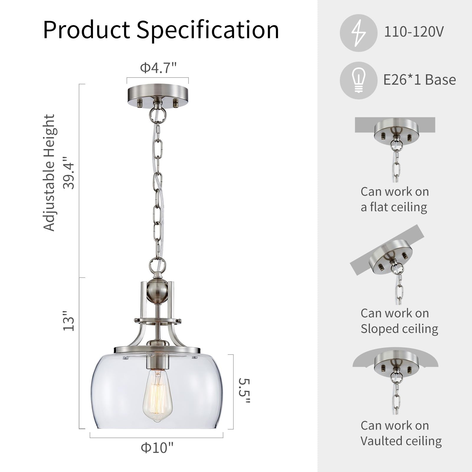 Wuzups Rustic Farmhouse Chandelier, Brushed Nickel Led Pendant Light With Glass Shades, 10&quot; Wide