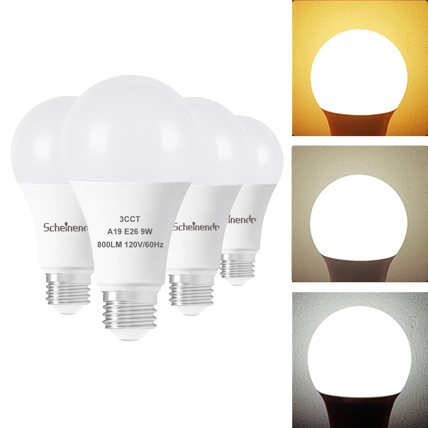 Scheinenda A19 3-Color Led Light Bulbs With Warm White, Daylight, Natural White, Color Changing Light Bulb, 9W (60 Watt Equivale