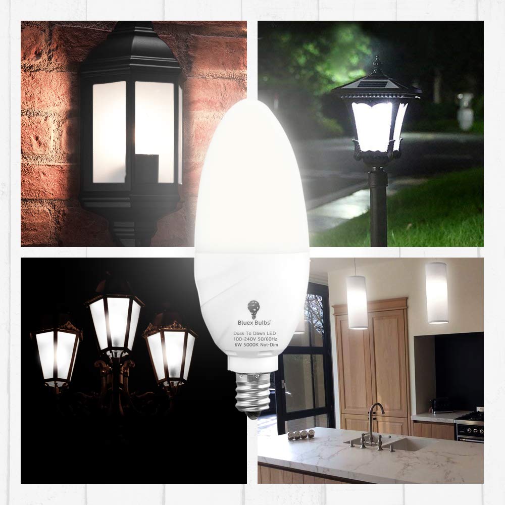 Bluex Bulbs 6 Pack LED Dusk to Dawn Candelabra Bulbs, 6W E12 Base, 5000K Daylight White, Home Security Lighting