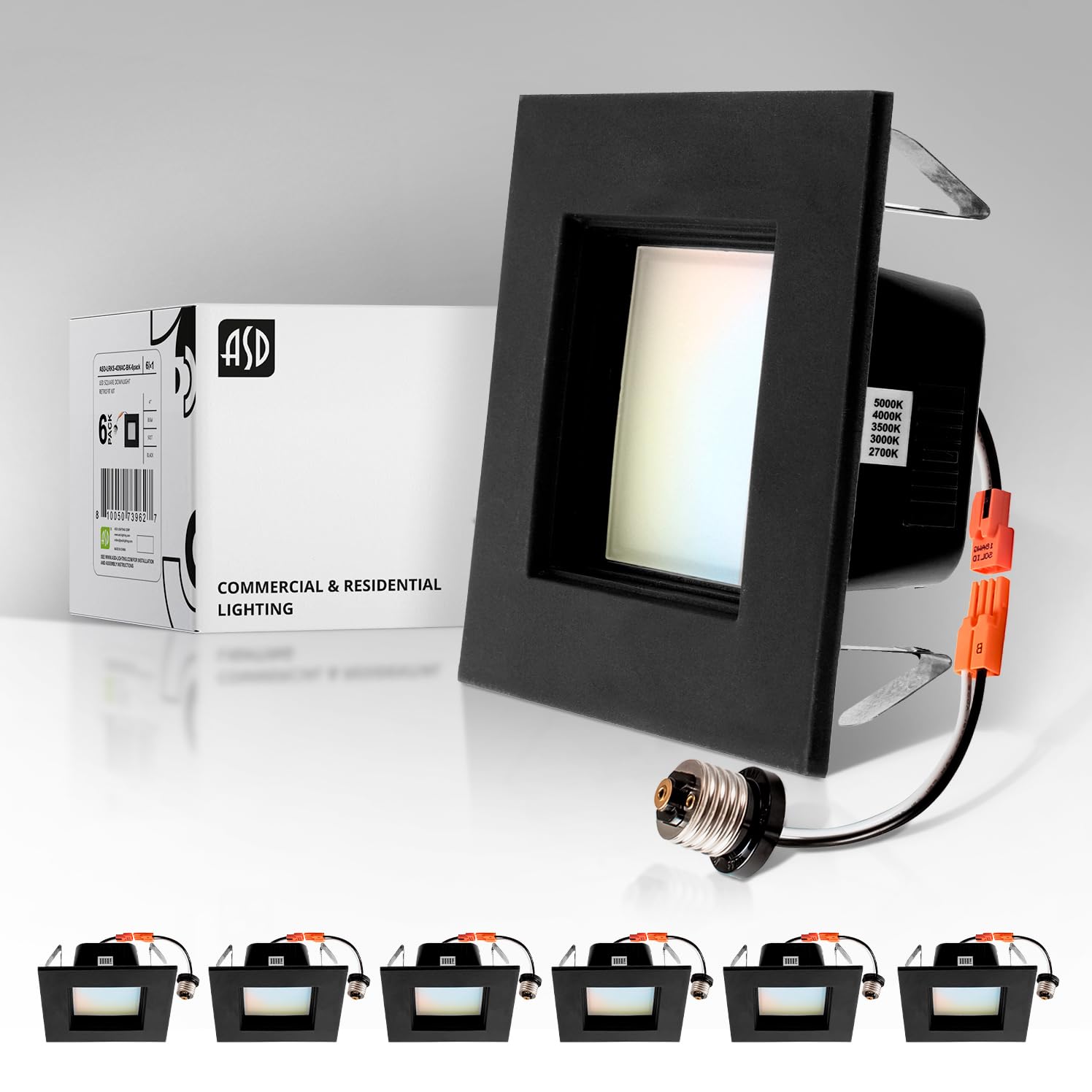ASD Black 4 Inch LED Recessed Lighting Retrofit Square 5 CCT Selectable 2700K 3000K 3500K 4000K 5000K Adjustable Dimmable 8.6W 7