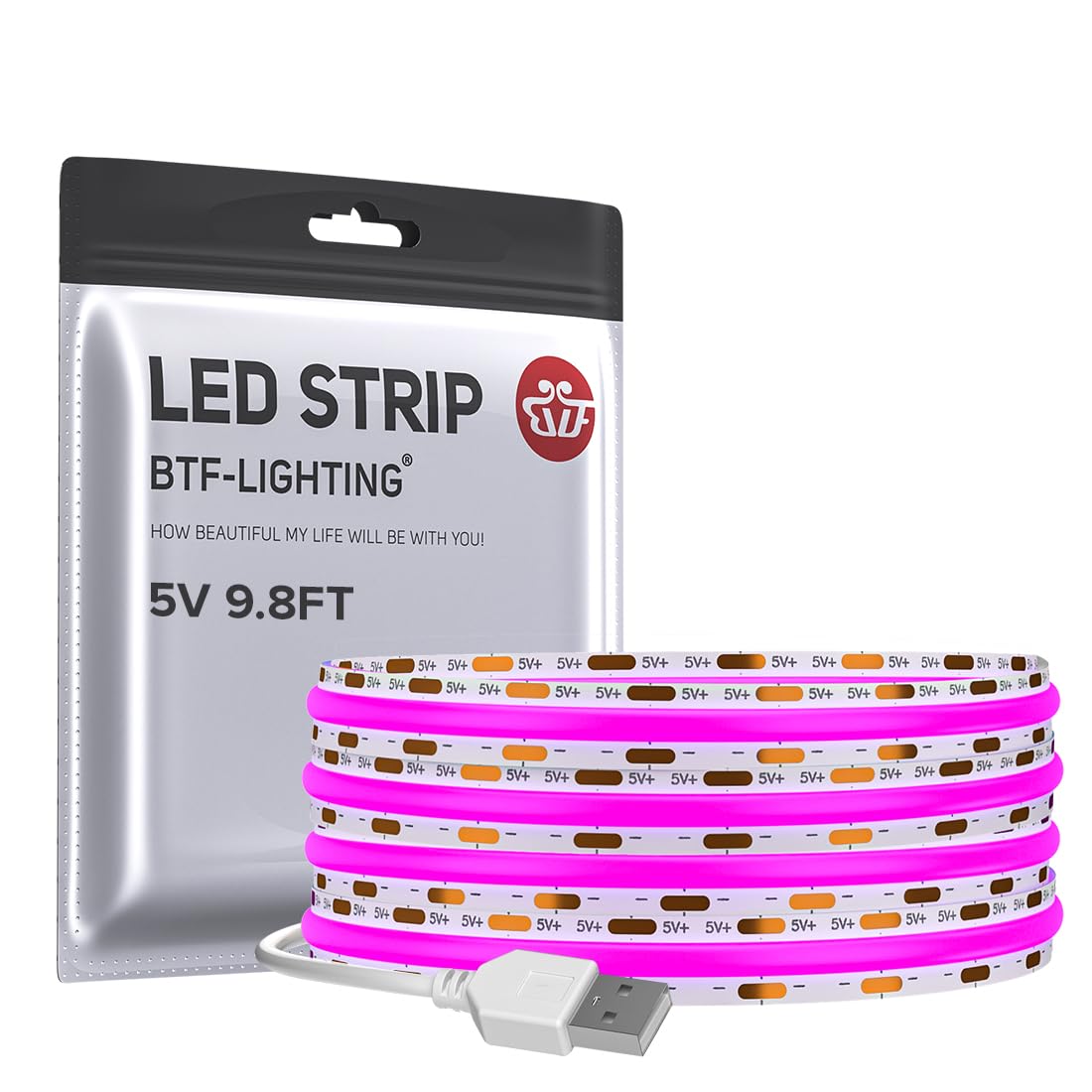 BTF-LIGHTING FCOB USB Powered Purple Color COB LED Band Lights 9.8FT 960LEDs 5V 8mm Width 90+ High CRI Ultra Bright Flexible Light for TV Backlight Display Cabinet PC DIY Decor