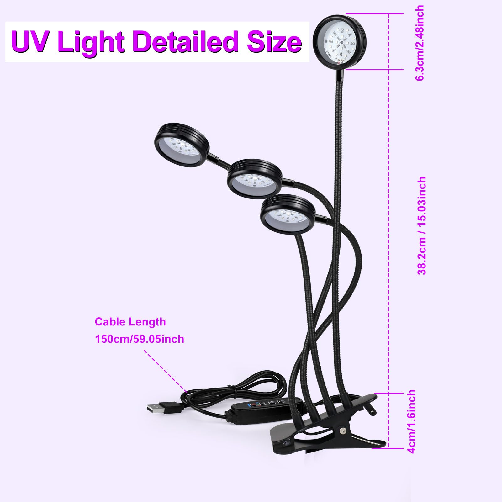 Ygs-Tech Led Black Light, 20W Uv Lamp With Usb, Four Head Dimmable Gooseneck Uv Light, Wavelength 389-405Nm Black Lights For Res