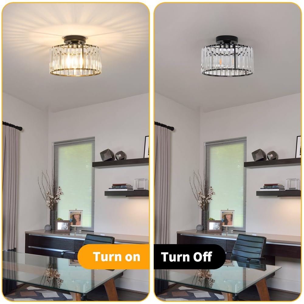 Crystal Ceiling Light Fixture, Modern Semi Flush Mount Ceiling Light, Black Close To Ceiling Light Fixtures, Crystal Chandelier