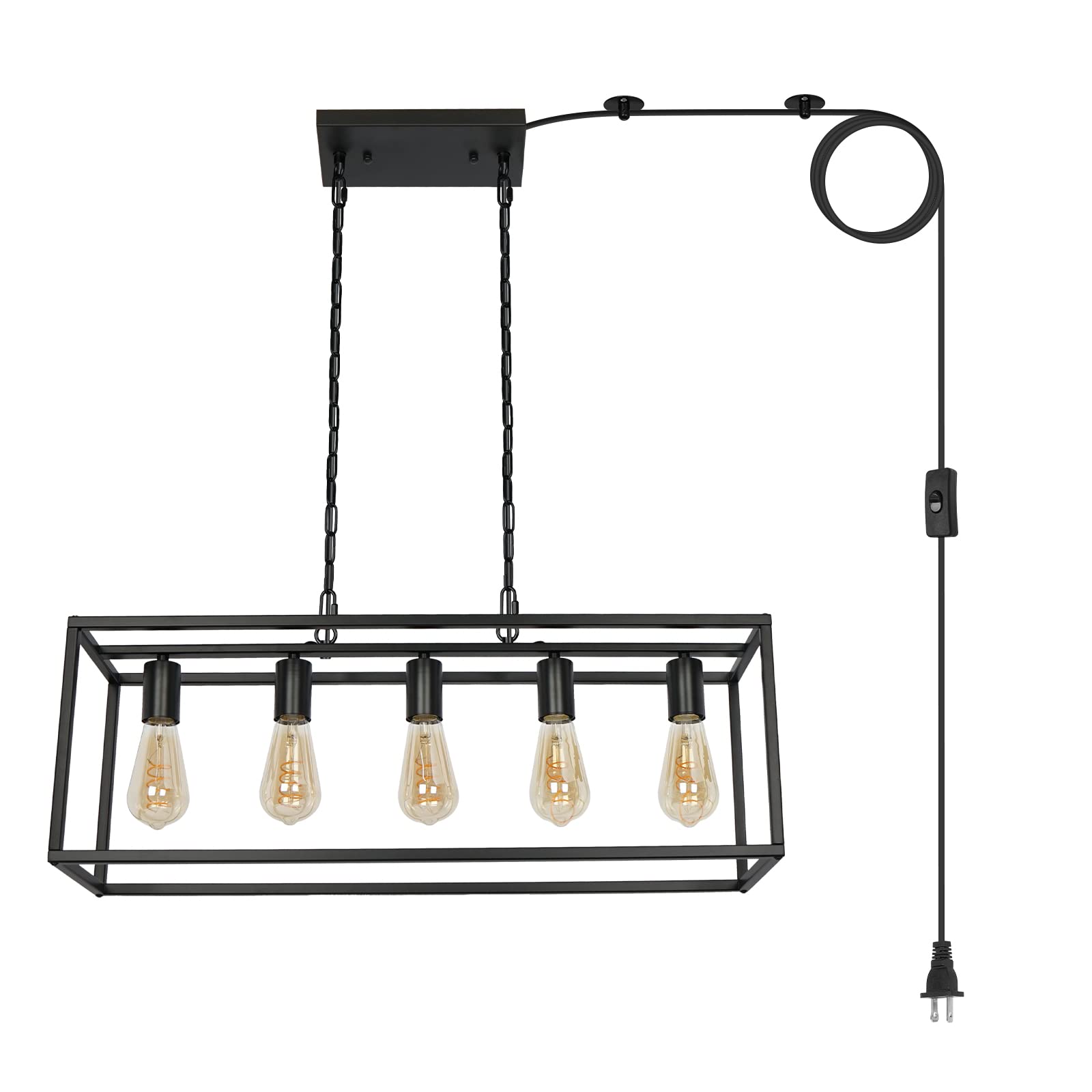 Black Farmhouse Plug In Kitchen Island Lighting  Industrial Modern 5-Light Linear Chandelier With 17.5Ft Cord  Rectangular Light Fixtures For Dining Living Room Bar