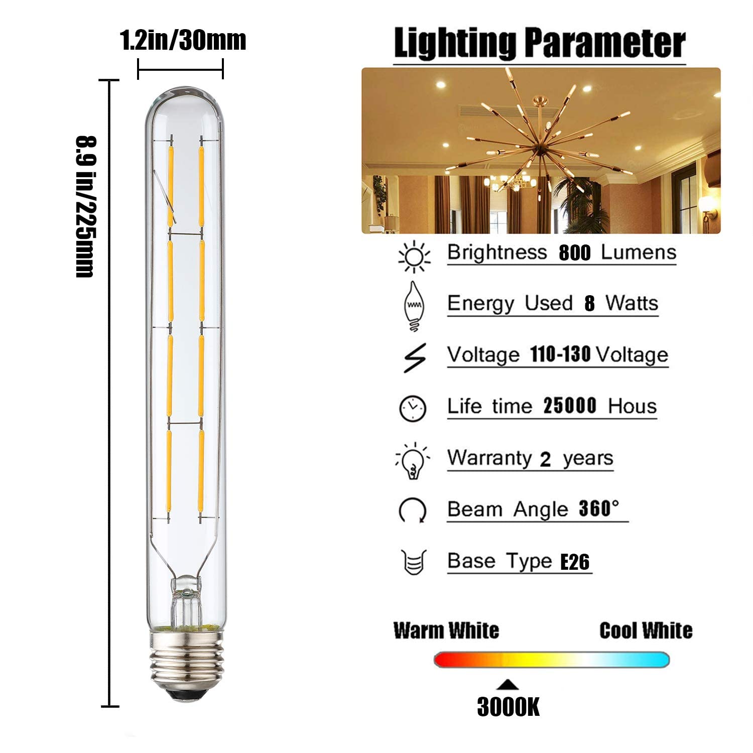 Xininsun T10 Led Bulb, 8.9 Inch Long Tubular Led Light Bulbs, 80Watt Equivalent, 800Lm, Dimmable, Clear Glass, E26 8W Led Edison