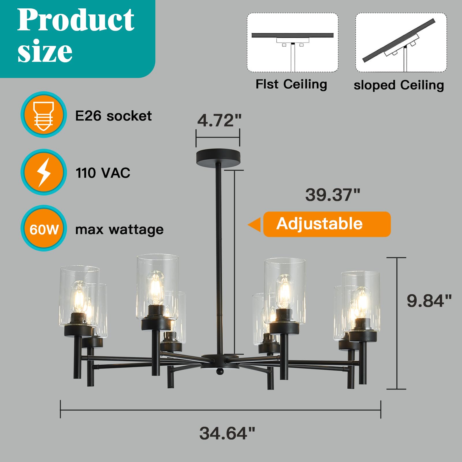 Hesoge Black 8-Light Large Modern Chandelier,Clear Glass Metal Ceiling Light Fixture,Farmhouse Pendant Hanging For Kitchen Dinin