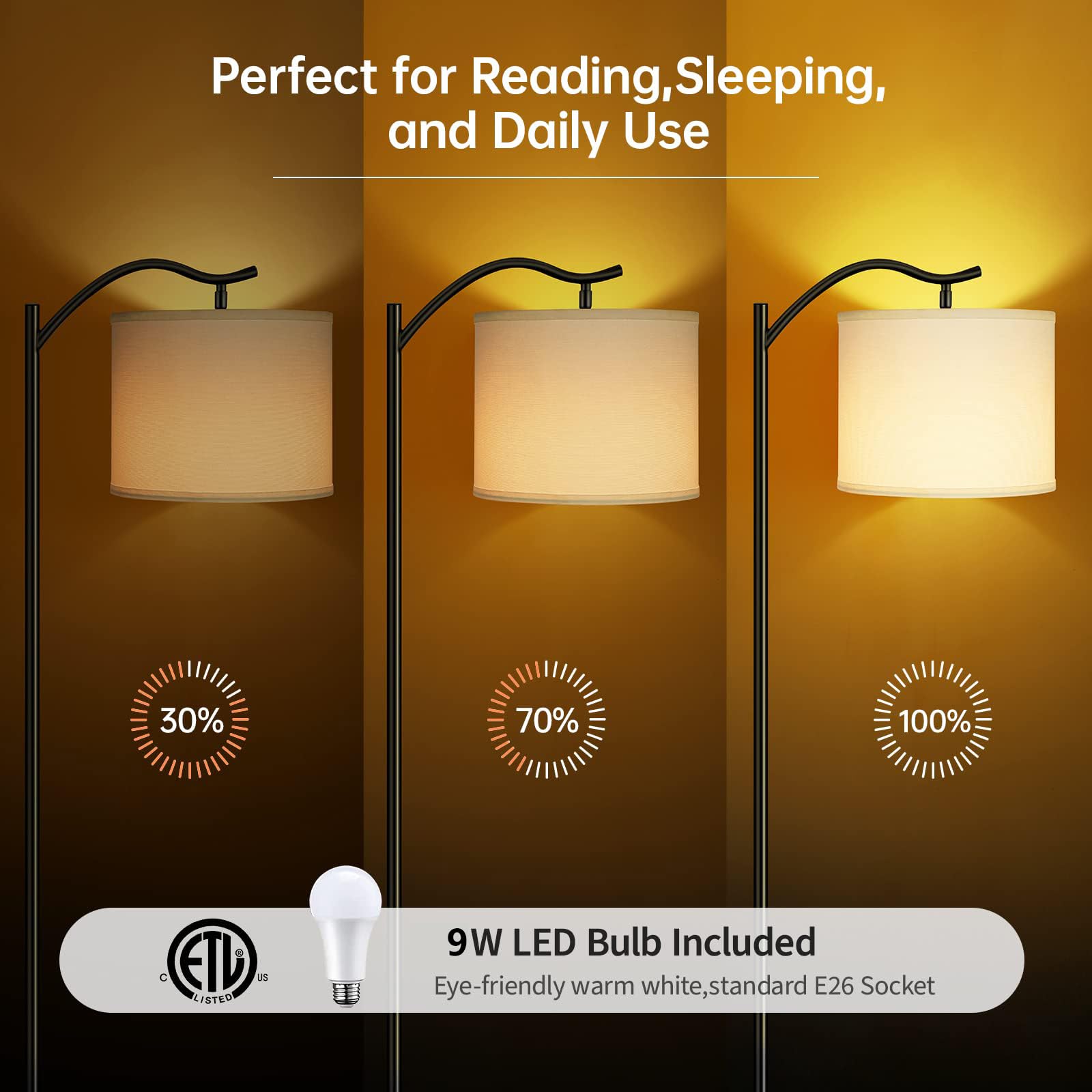 Boostarea Modern Led Arched Floor Lamp With Natural Linen Shade, 3 Brightness Levels, E26 Socket, Footswitch, 63-Inch Tall, Whit