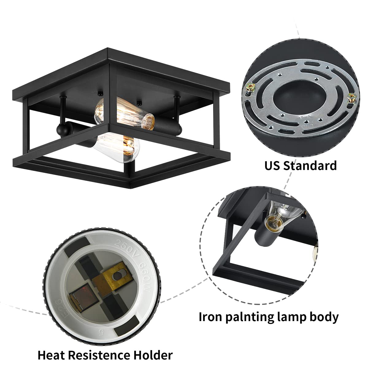 Drosbey 2-Light Flush Mount Ceiling Light Fixture, Iron, Black-A, Vintage Industrial Style for Kitchen, Bedroom, Hallway