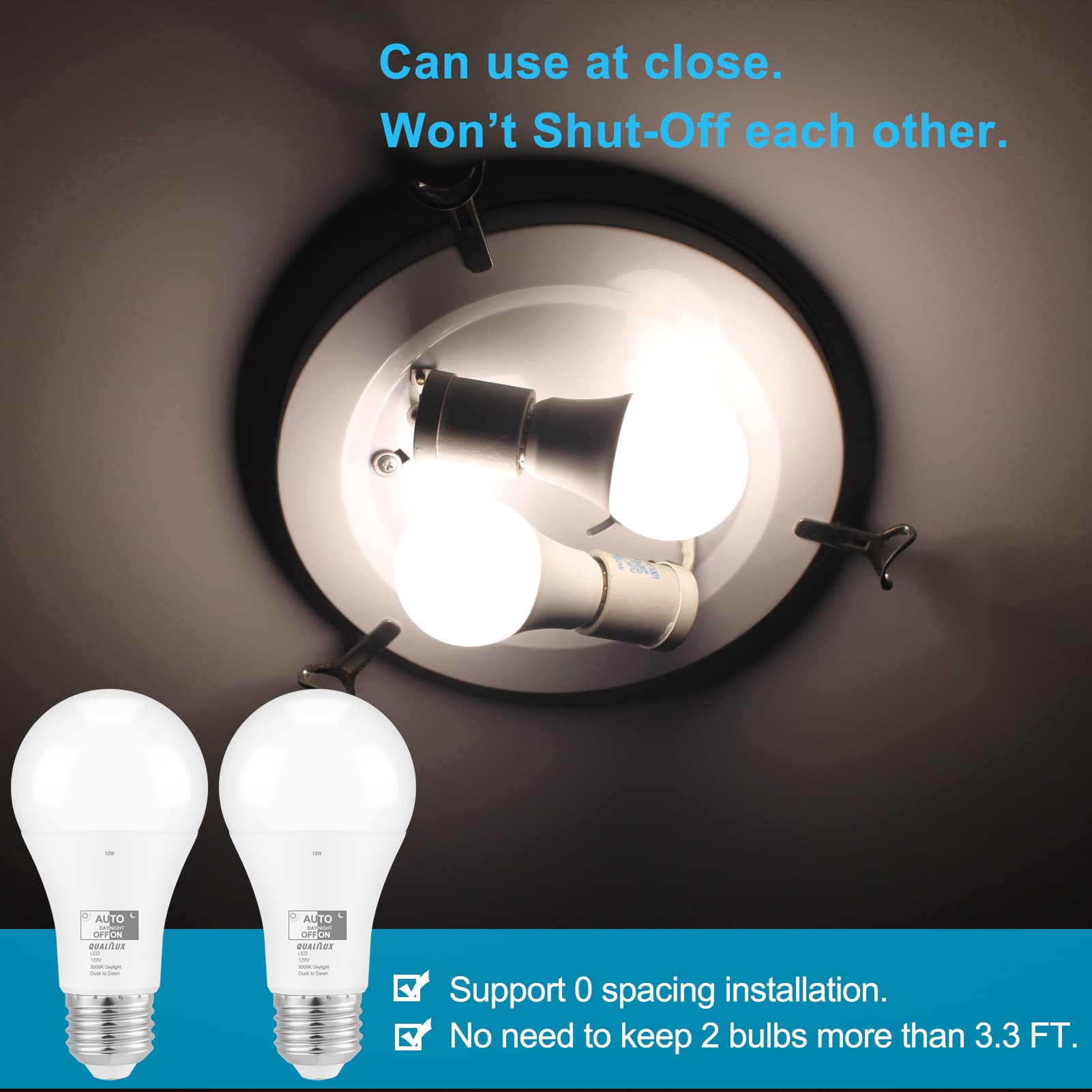 Qualilux Dusk to Dawn LED Light Bulbs 1000 Lumen, Daylight 5000K, A19 E26, 12W, 2-Pack
