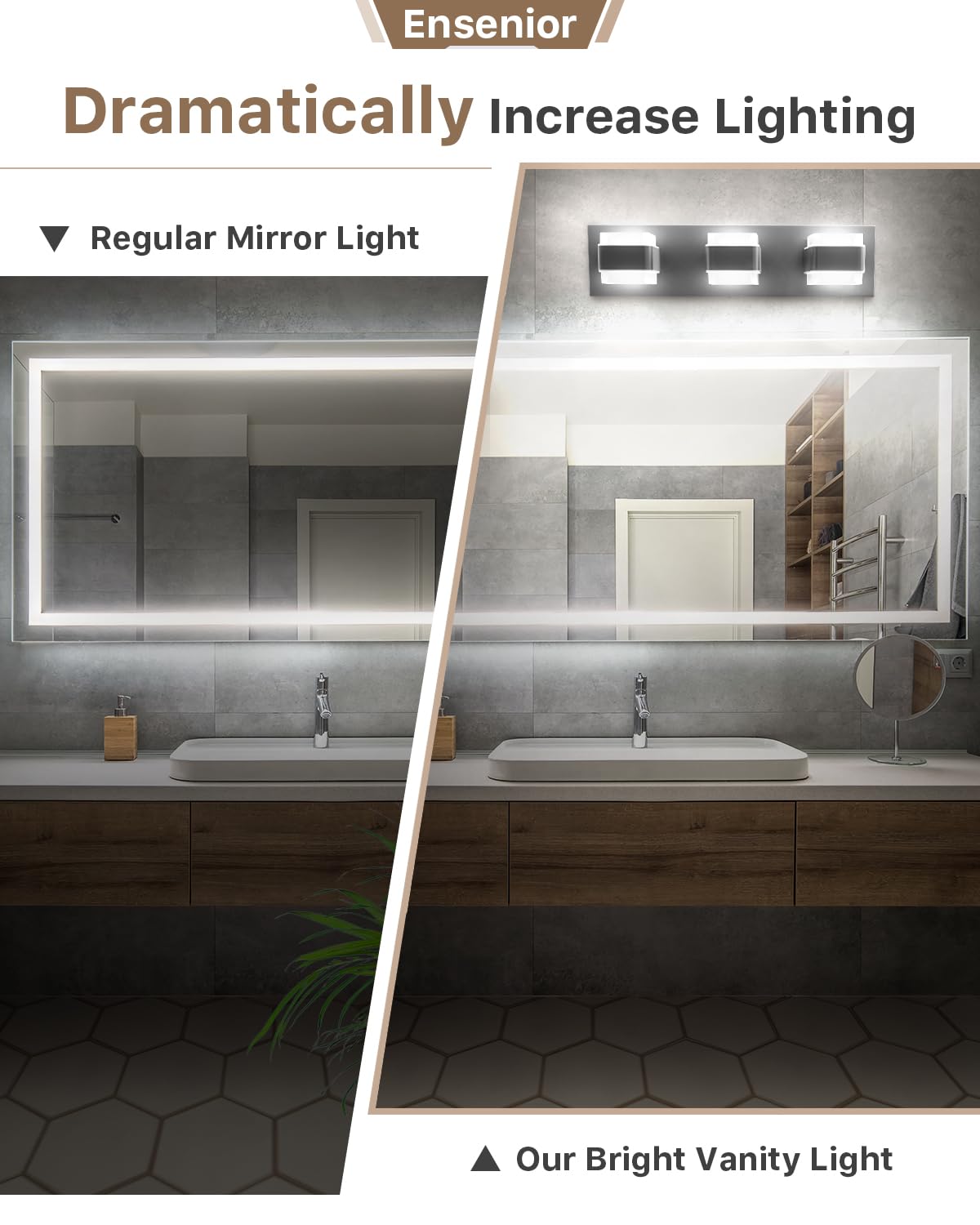 Ensenior 3-Light Modern Dimmable Bathroom Vanity Light, Black Acrylic, 5000K Daylight