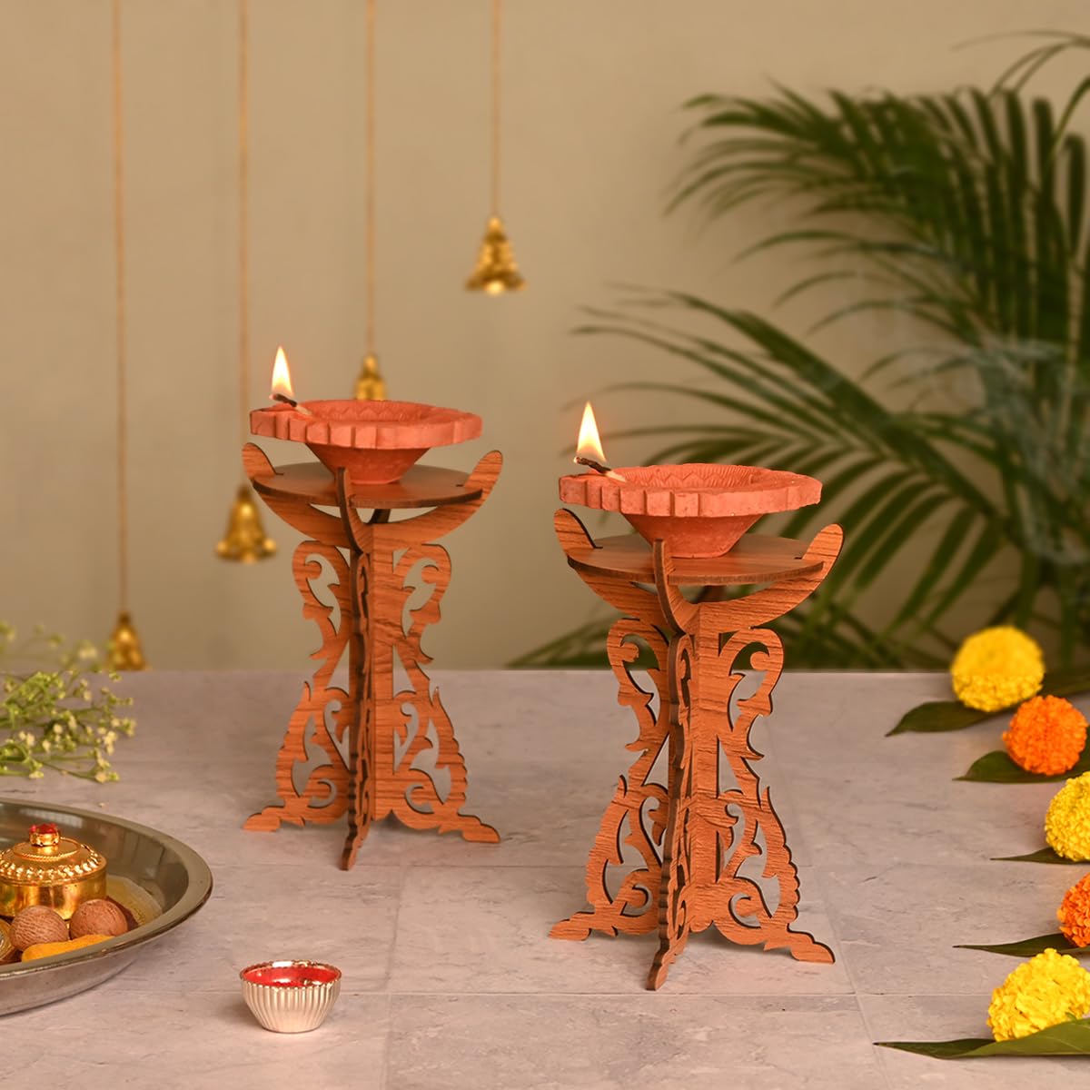 GKD Diya Stand Wooden Traditional Deepam Stand Hand Crafted Diya Set for Pooja Decoration Items Candle Lanterns Diwali Decoratio