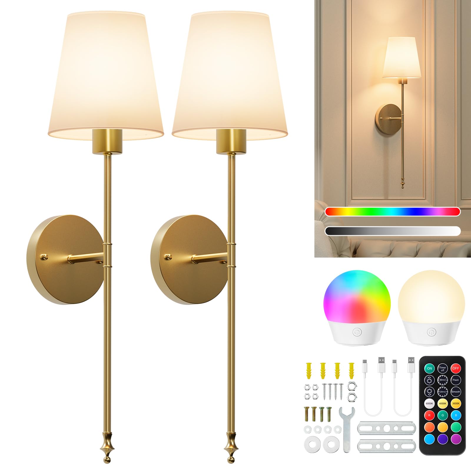 Brightown Battery Operated Wall Sconces Set of 2, Cordless, 12 Colors, Dimmable, Gold, Model BWS-001