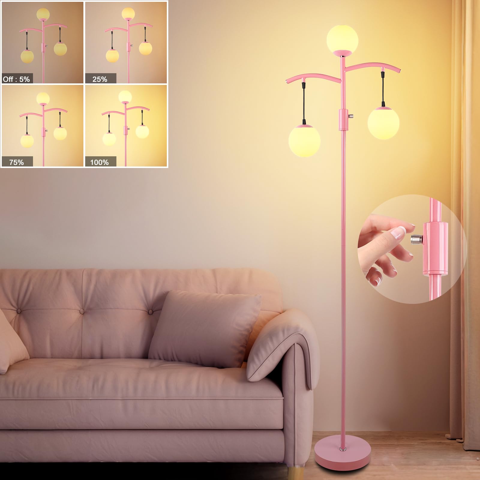 Lightdot 67IN Vintage Tree Floor Lamp, Dimmable, Polycarbonate, 3 Globe, Pink, Model LFLL-M-DC