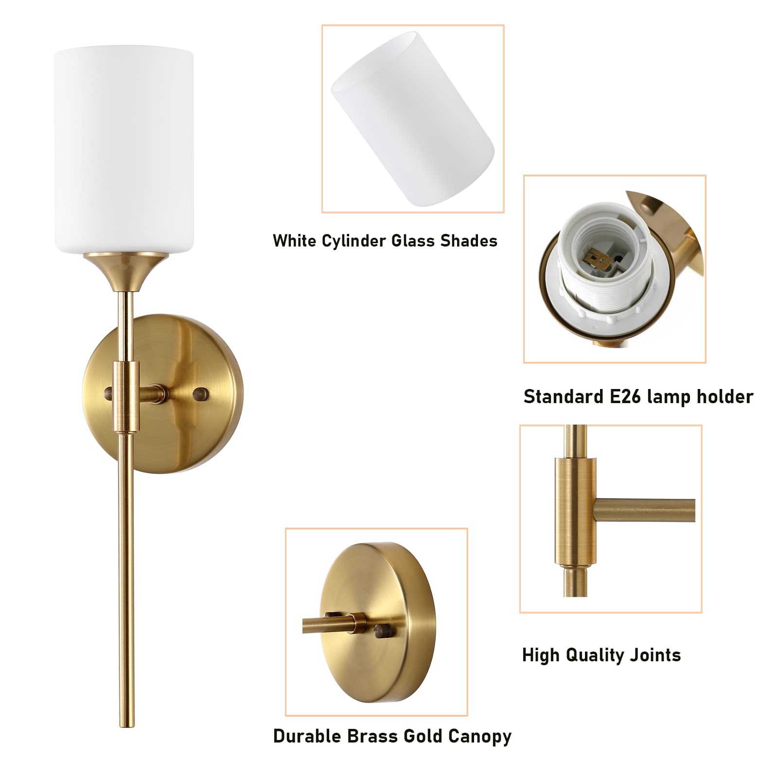 BYOLIIMA Gold Wall Sconce Set of 2 - Modern Metal Bathroom Vanity Light with White Cylinder Glass Shades, Brushed Brass Finish