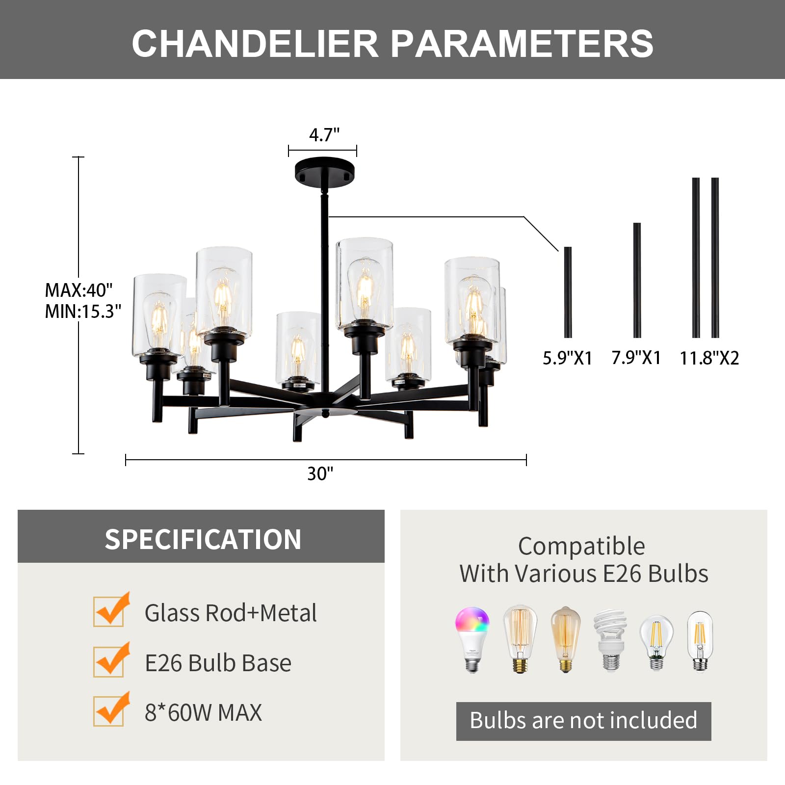 Hccz 8 Light Black Chandeliers For Dining Room Light Fixtures Over Table Modern Farmhouse Chandelier Industrial Hanging Pendant