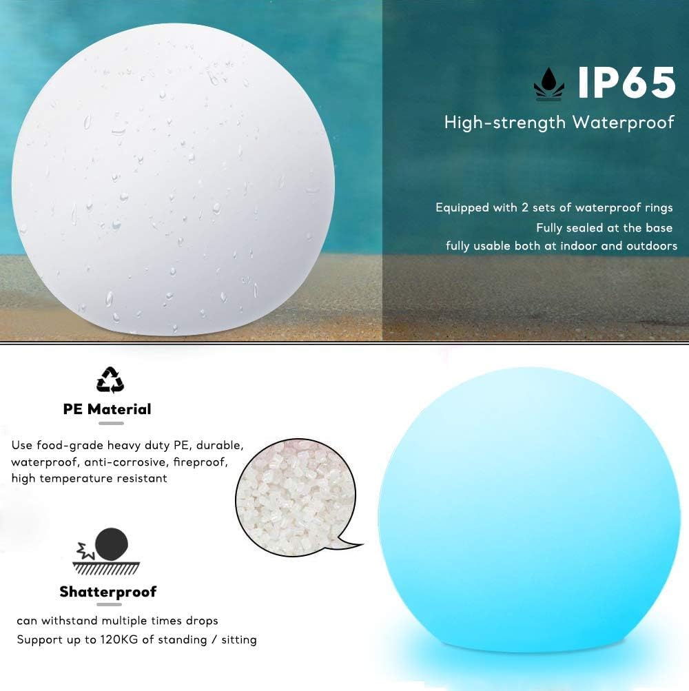 COPU Globe Floor Lamp - 14-Inch LED Ball Light, RGB Color Changing, Dimmable, Waterproof, Rechargeable, White