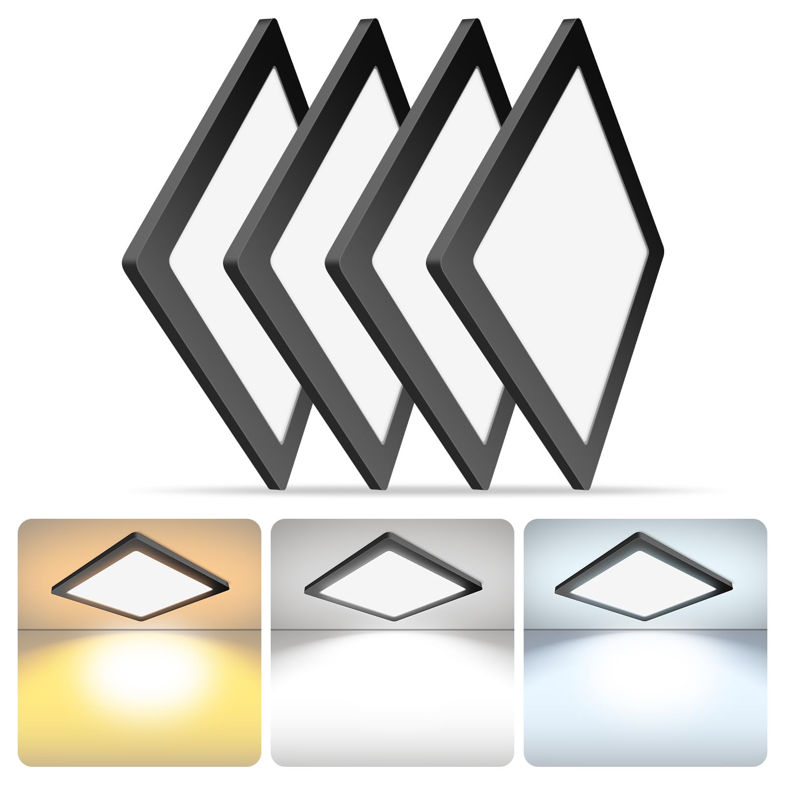 4 Pack 12 Inch Square Black Ceiling Light, 24W 120V, 3000K/4000K/5000K Adjustable, Dimmable Slim Led Ceiling Light, Close To Cei