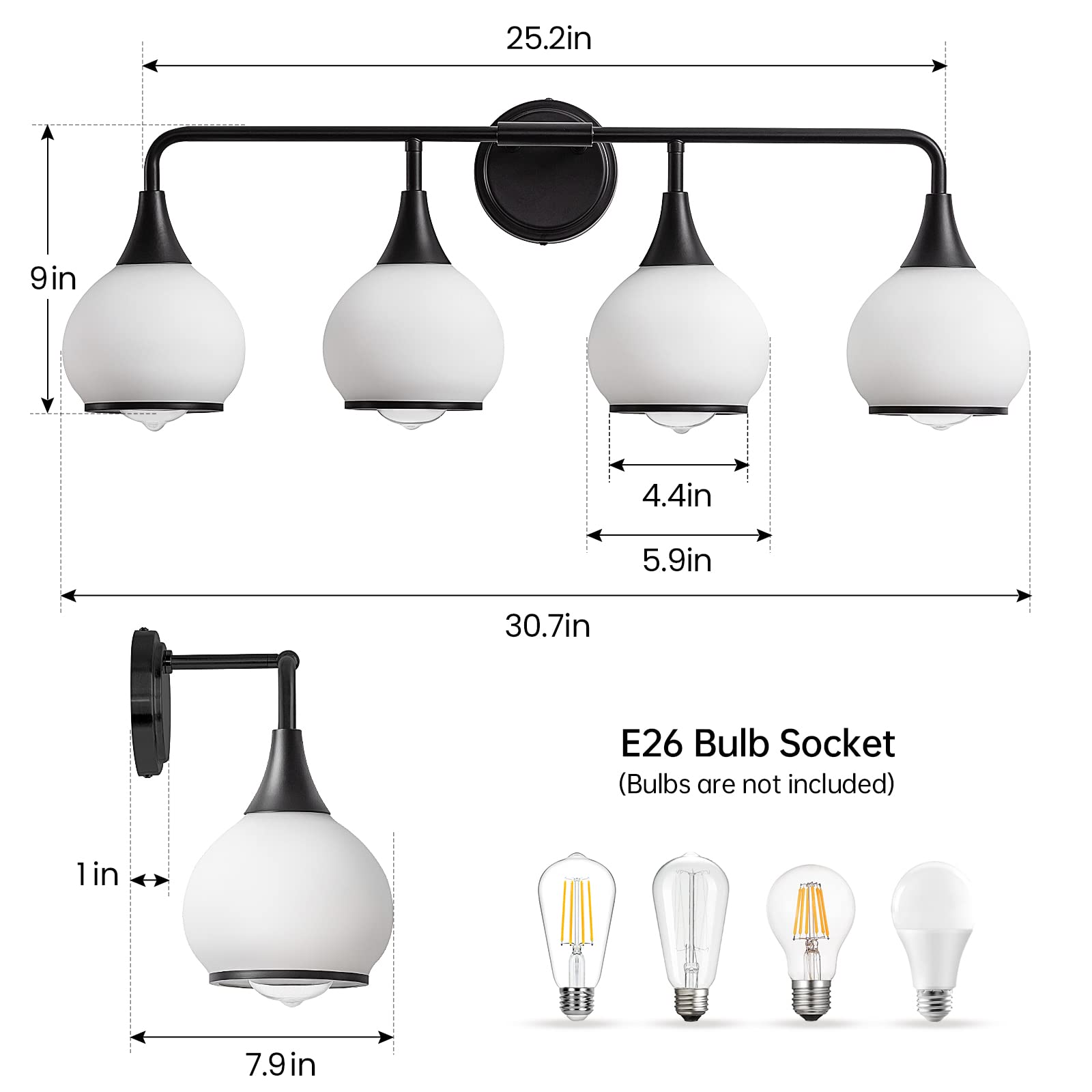 Hahzt Black Bathroom Light Fixtures 4-Lights Vanity Lights With Milky White Frosted Glass Shade Bathroom Vanity Light 30.7 Inch