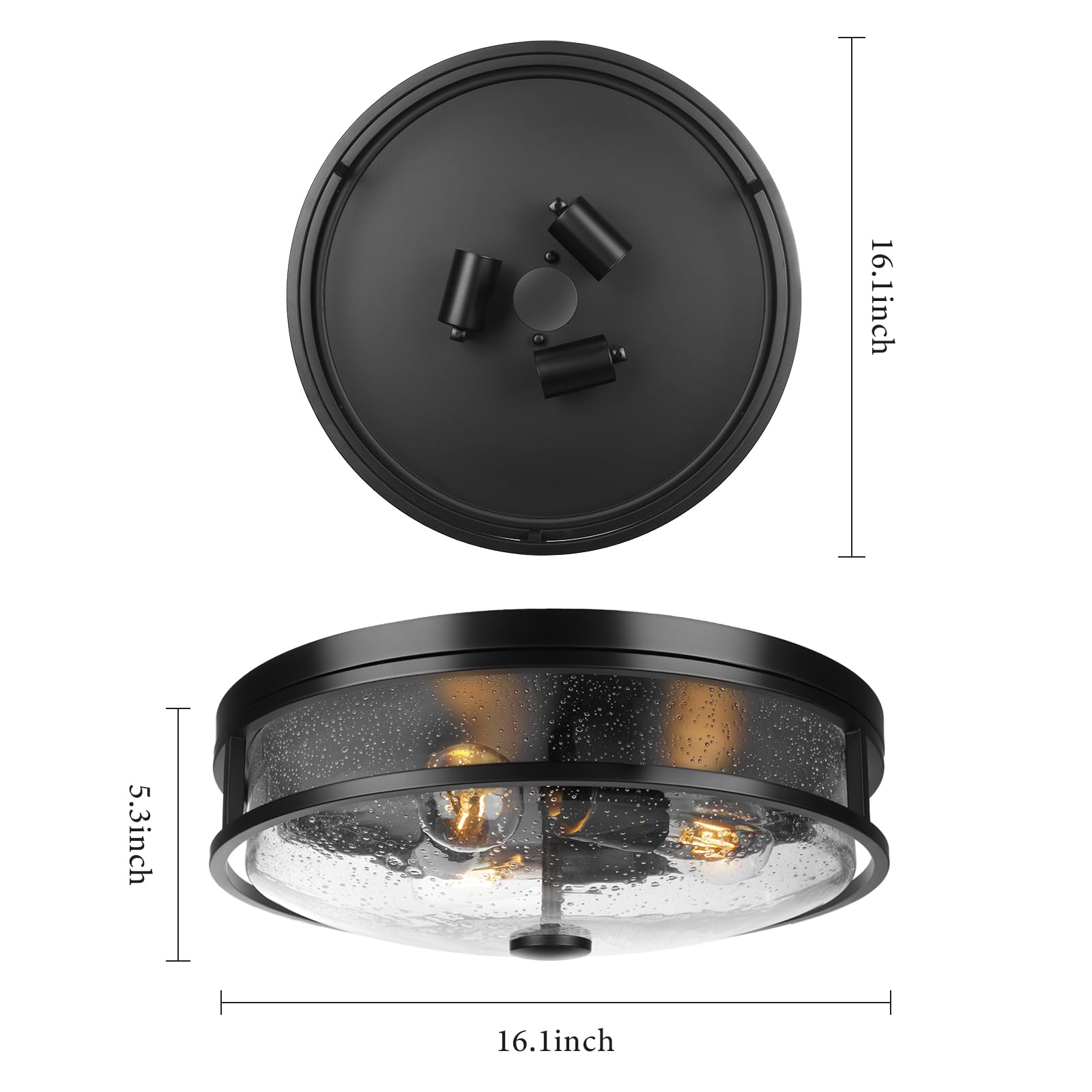 Rosient 16&quot; Black Flush Mount Ceiling Light Fixture, Seeded Glass, Modern Farmhouse Design